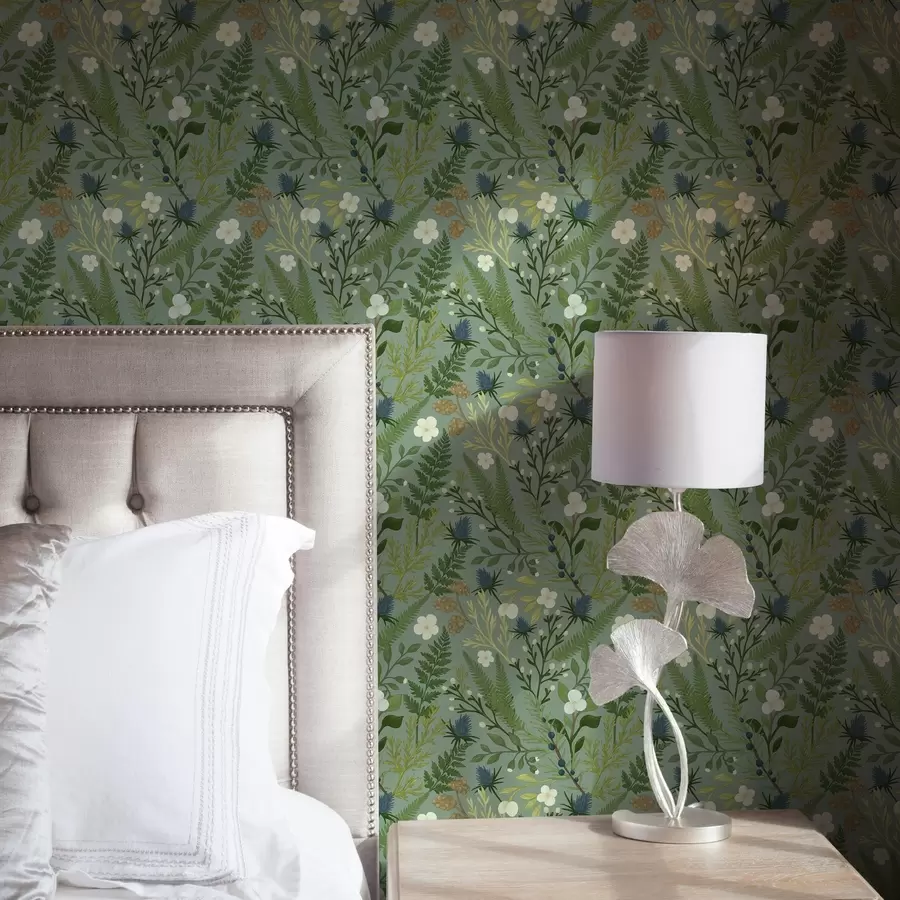 carta da parati Erbe di bosco, cicoria e frutti di bosco su fondo di menta nr. a00621v1