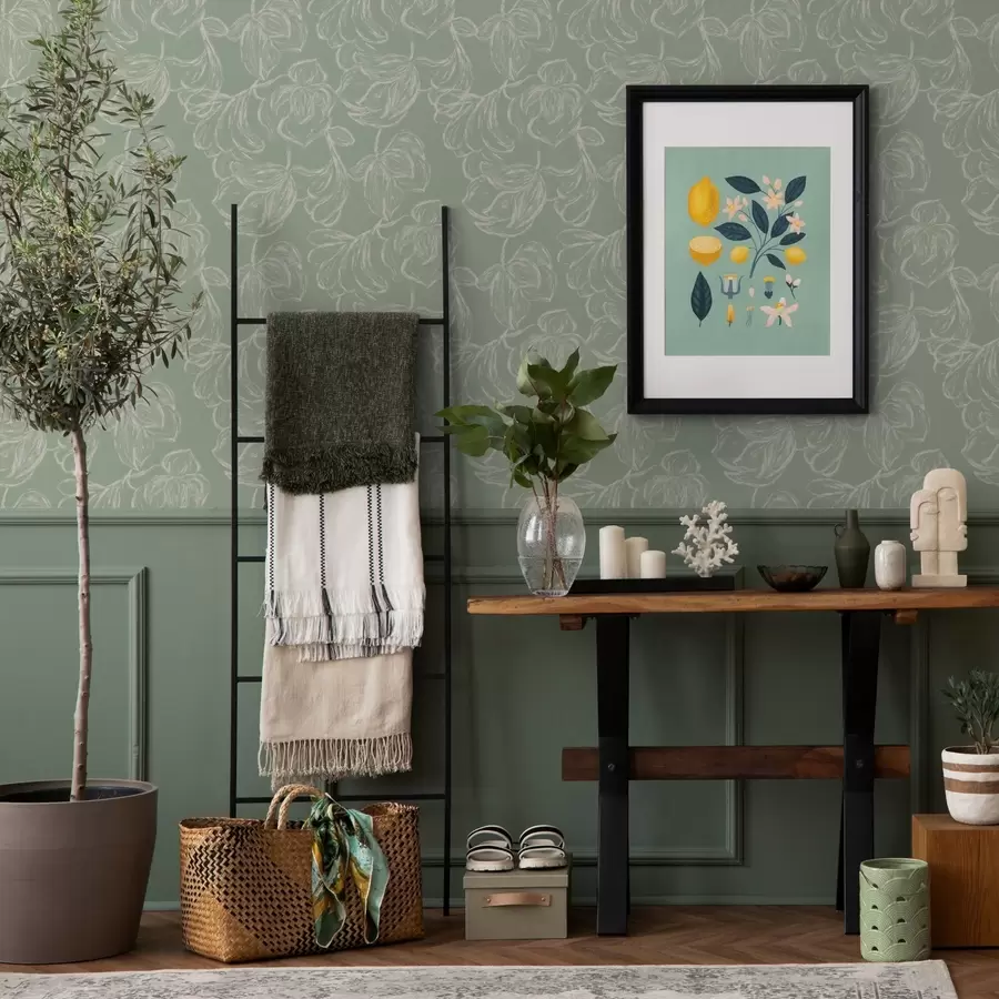 carta da parati Fiori grandi lineari, tratti di gesso su sfondo salvia nr. a00625v1