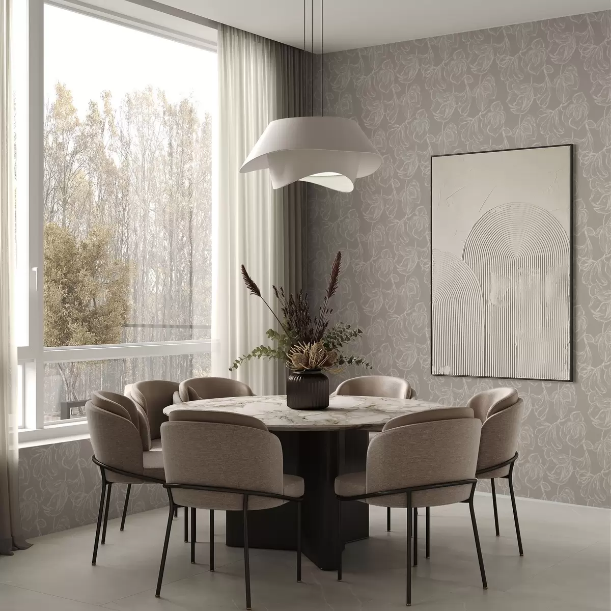 Carta da parati Fiori delineati in crema su uno sfondo color tortora caldo a00625v2