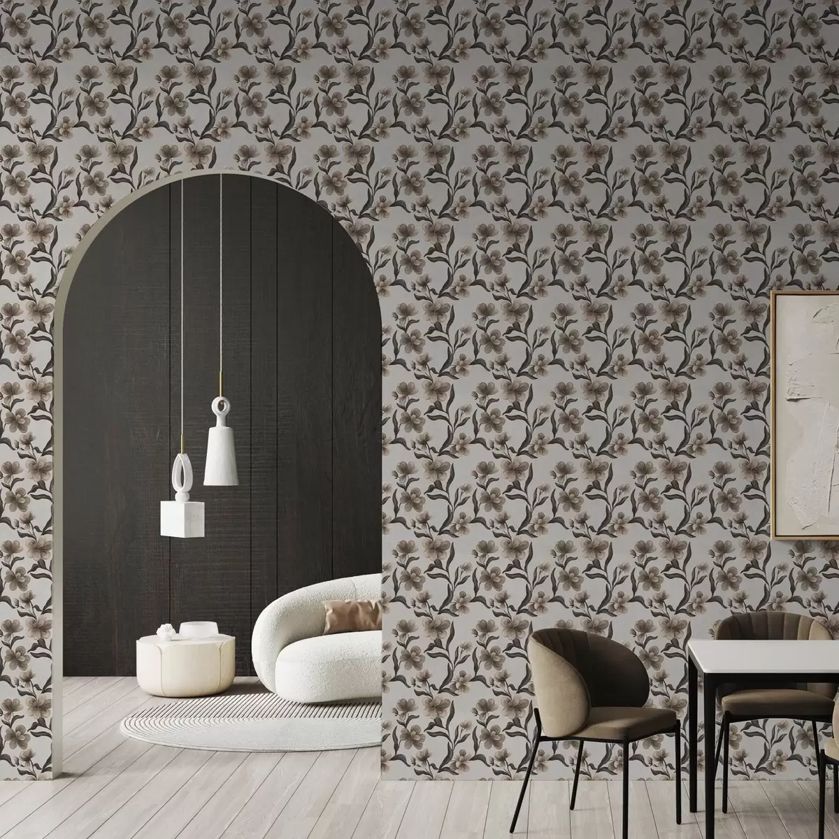 Carta da parati Fiori beige e rami scuri su sfondo grigio chiaro a00626v1