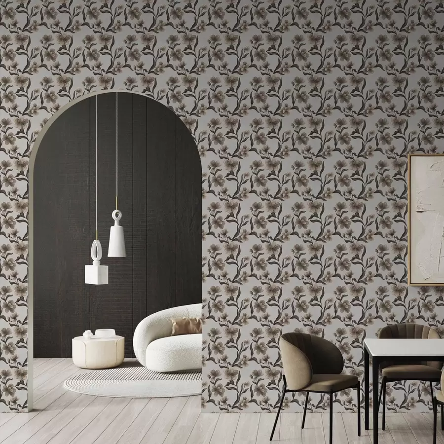 carta da parati Fiori beige e rami scuri su sfondo grigio chiaro nr. a00626v1