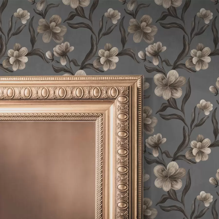 carta da parati Fiori beige su sfondo grigio grafite nr. a00626v4