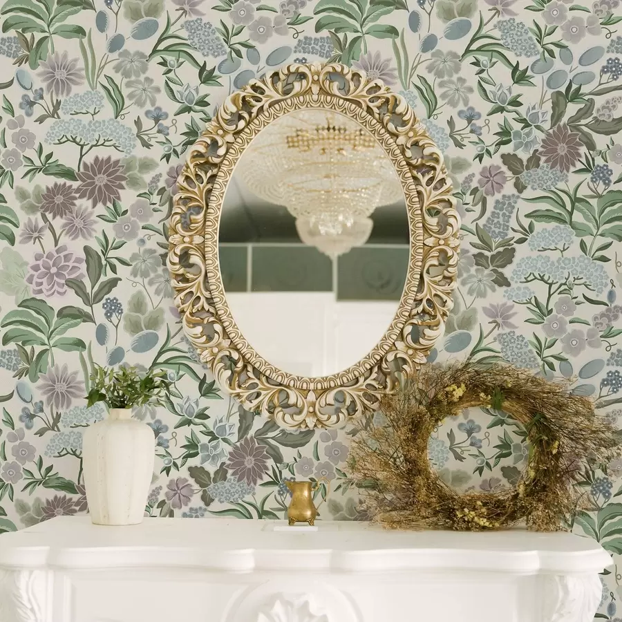 carta da parati Fiori e foglie dai colori pastello in una palette blu menta nr. a00642