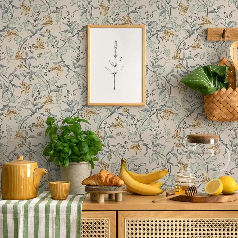 carta da parati Fiori vintage con fogliame blu su sfondo color crema nr. a00717