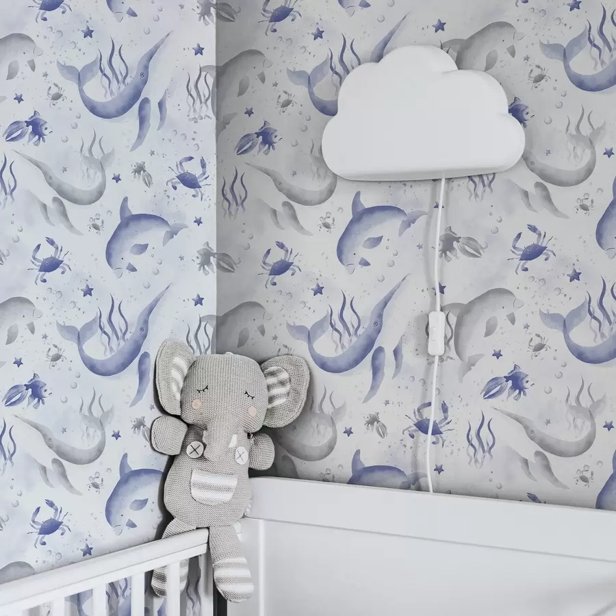 carta da parati Balene marine e delfini in tonalità blu su sfondo bianco nr. a00720v1