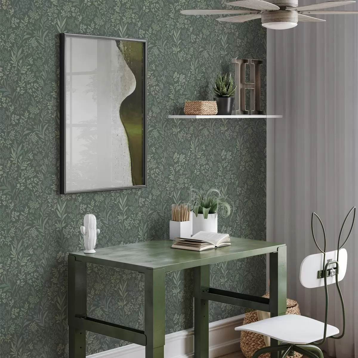 Carta da parati Erbe e bacche color smeraldo, raffinato motivo botanico a00740