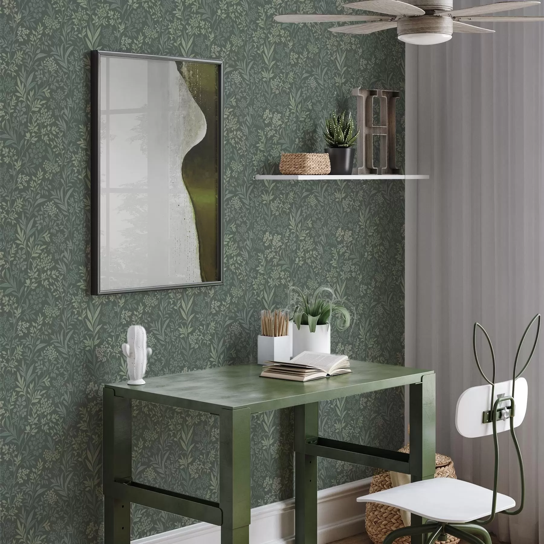 carta da parati Erbe e bacche color smeraldo, raffinato motivo botanico nr. a00740