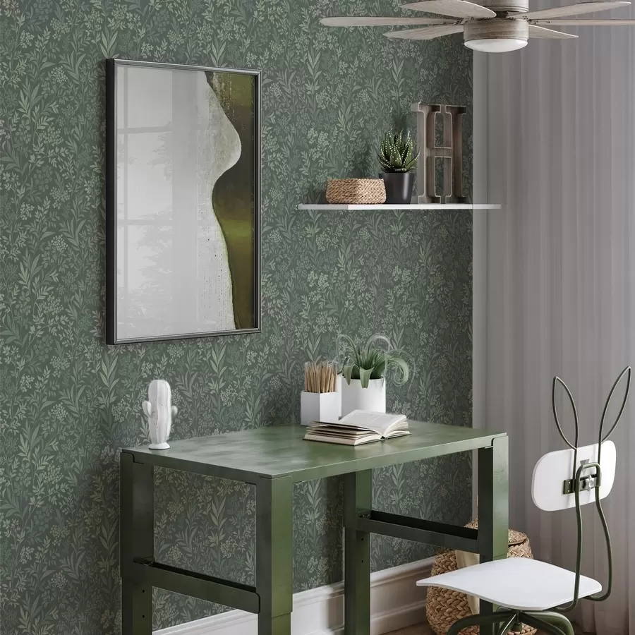 carta da parati Erbe e bacche color smeraldo, raffinato motivo botanico nr. a00740