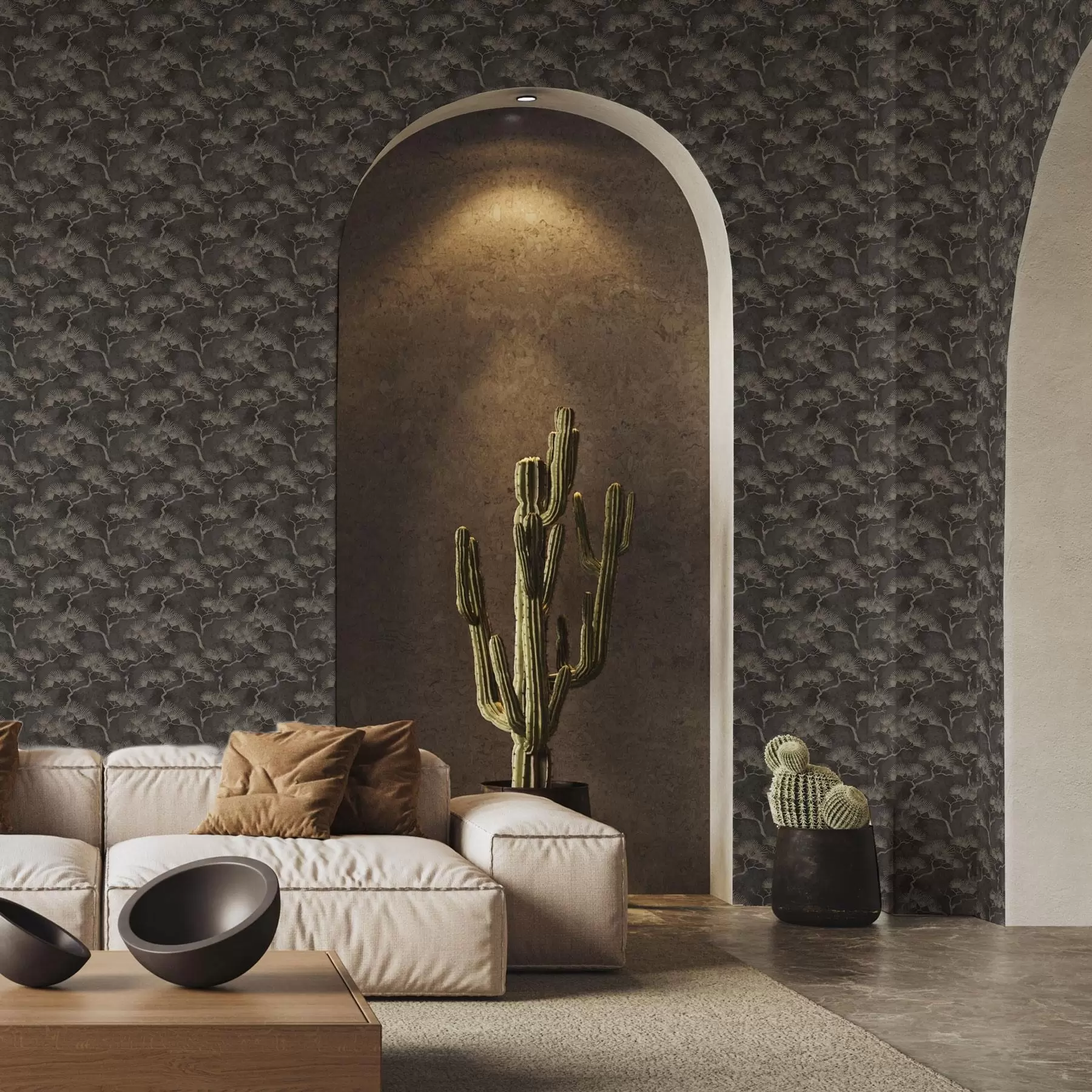 carta da parati Sagome di pini su sfondo scuro, texture nebbiosa nr. a00742