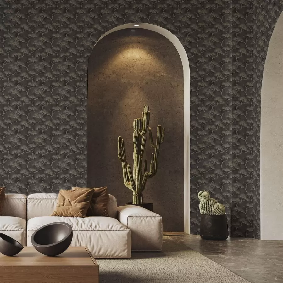 carta da parati Sagome di pini su sfondo scuro, texture nebbiosa nr. a00742