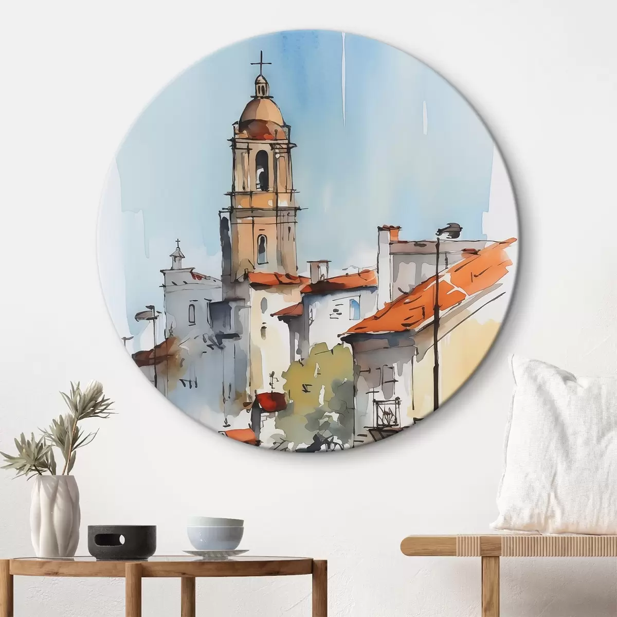 Quadri rotondi Acquerello che imita il paesaggio urbano r46120
