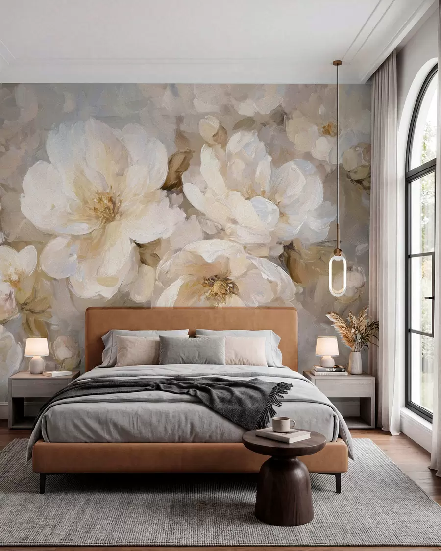 Carta da parati Floreale grandi fiori nei toni del bianco e del beige nello stile della pittura a olio n. w04633