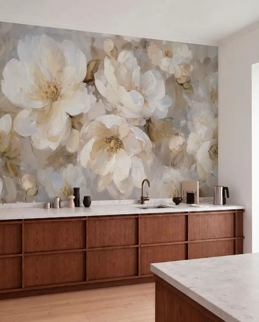 Carta da parati Floreale grandi fiori nei toni del bianco e del beige nello stile della pittura a olio n. w04633