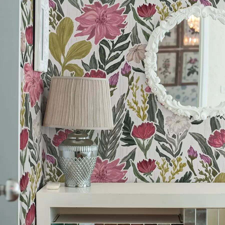 carta da parati Fiori rosa intenso e crema su sfondo bianco, texture impastata nr. a00629v1