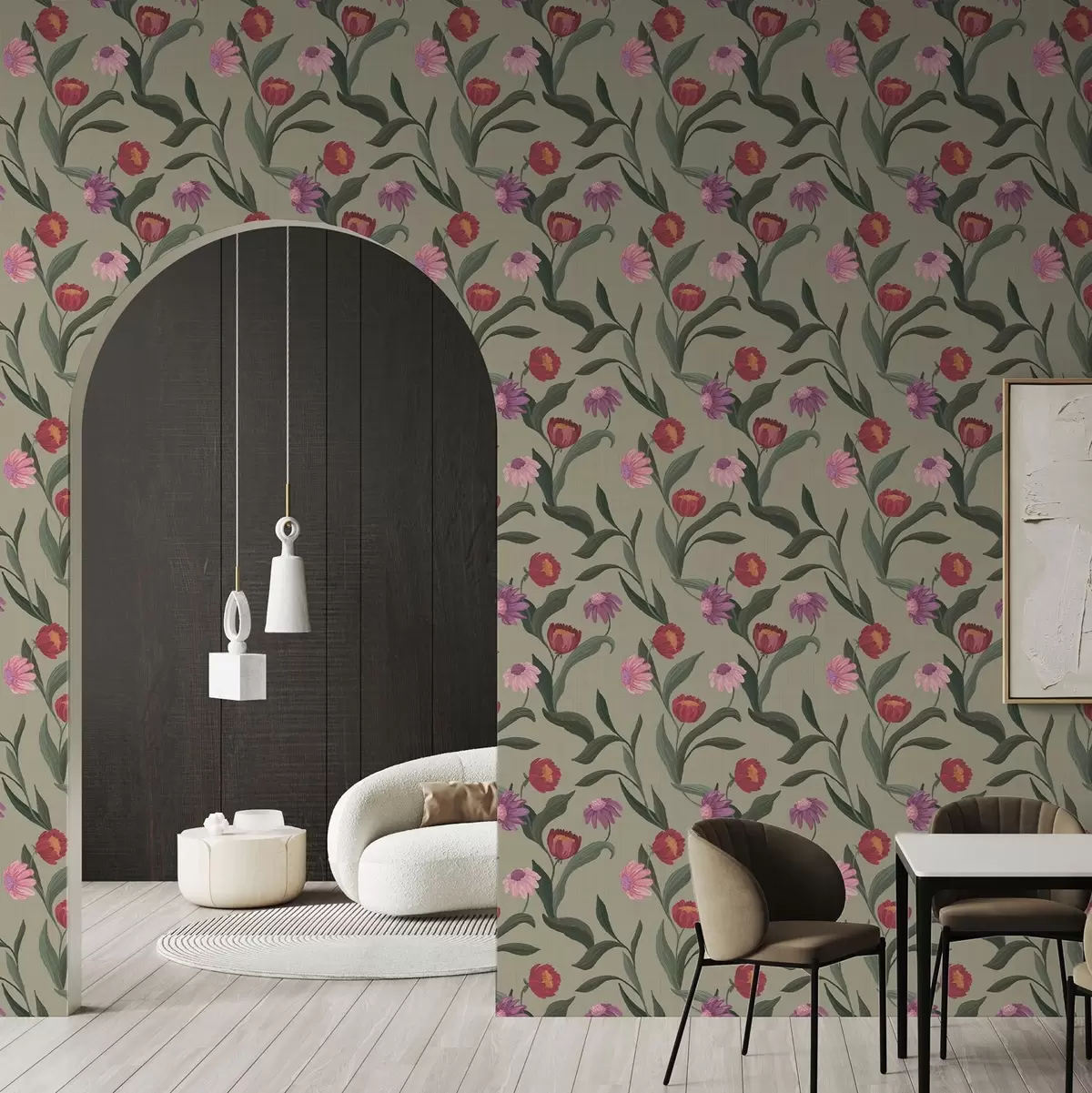 Carta da parati Fiori rosa-rossi su sfondo oliva, texture tela a00631v1