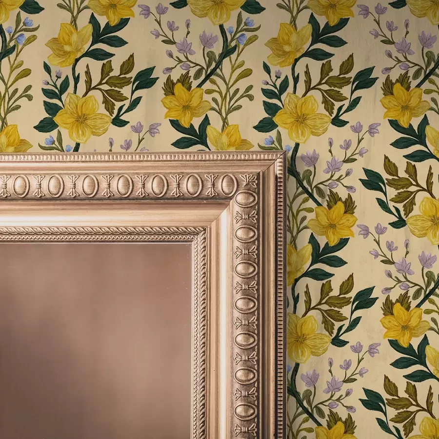 carta da parati Fiori gialli in ghirlande verticali su sfondo color crema nr. a00632