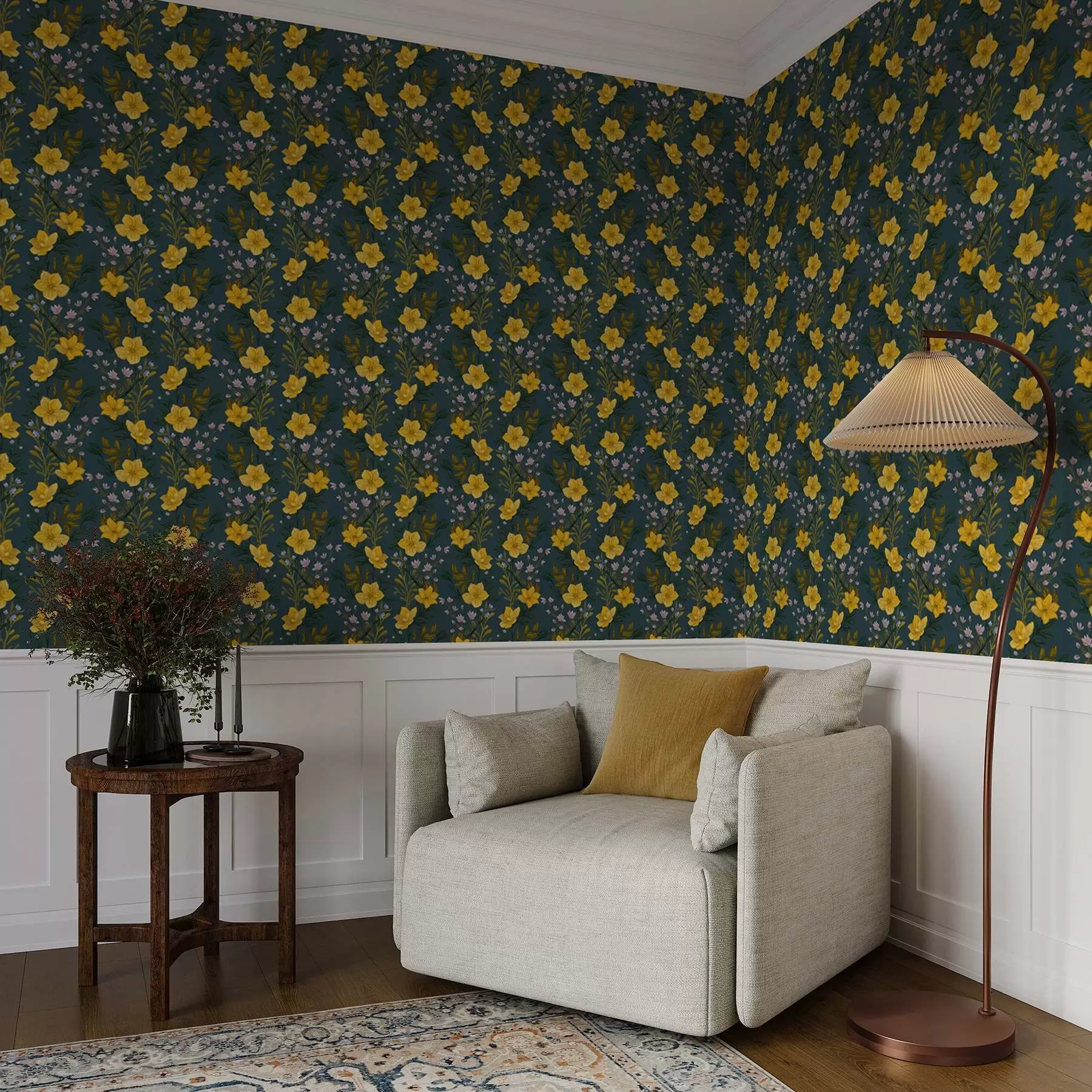 carta da parati Fiori gialli in ghirlande verticali su sfondo blu scuro nr. a00632v2