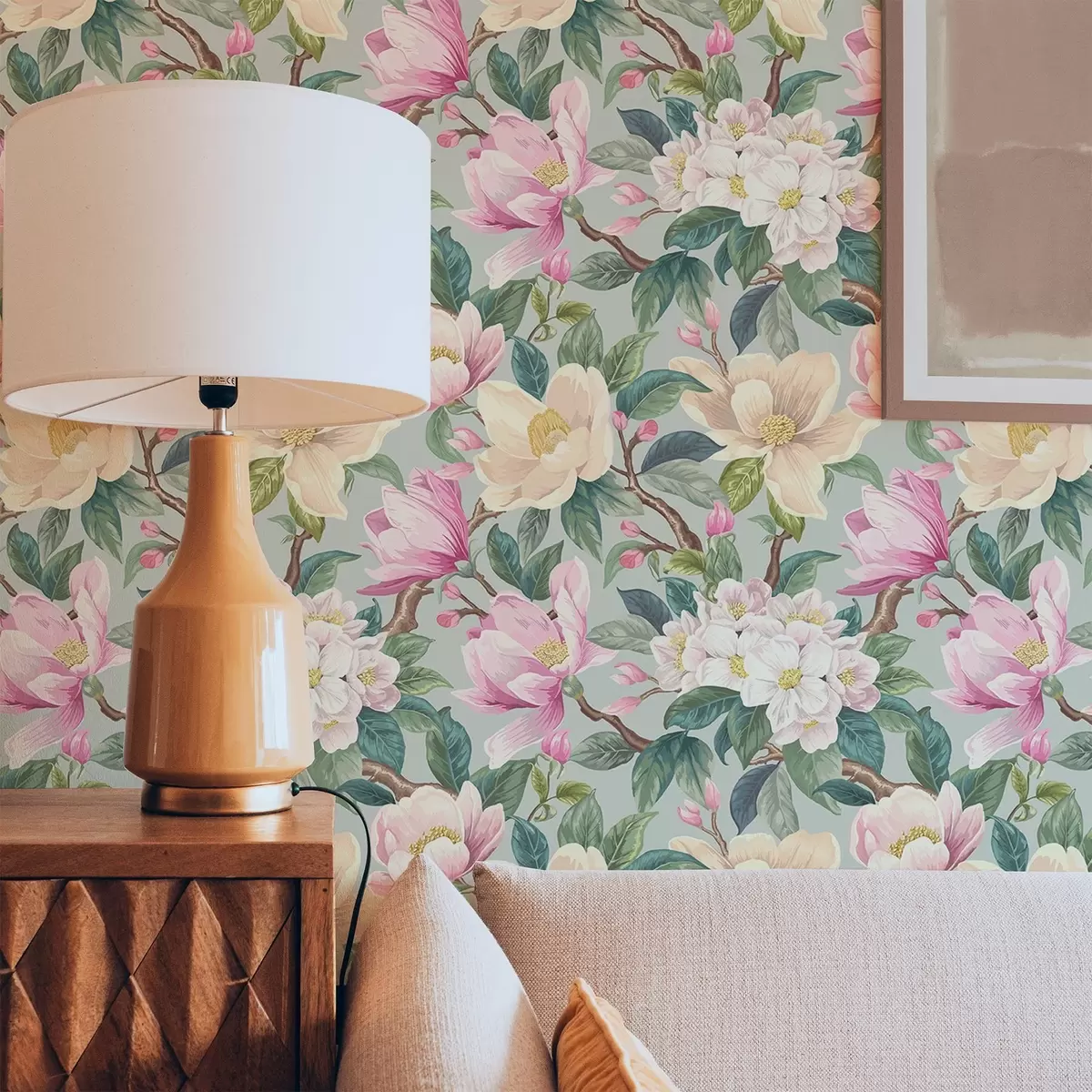 Carta da parati Magnolie e fiori bianchi su sfondo grigio menta a00644