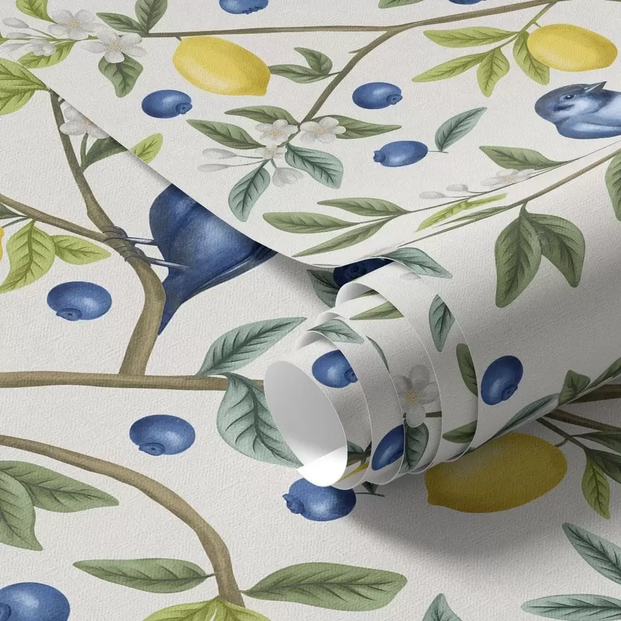 carta da parati Uccellini blu, limoni e bacche su sfondo bianco nr. a00668