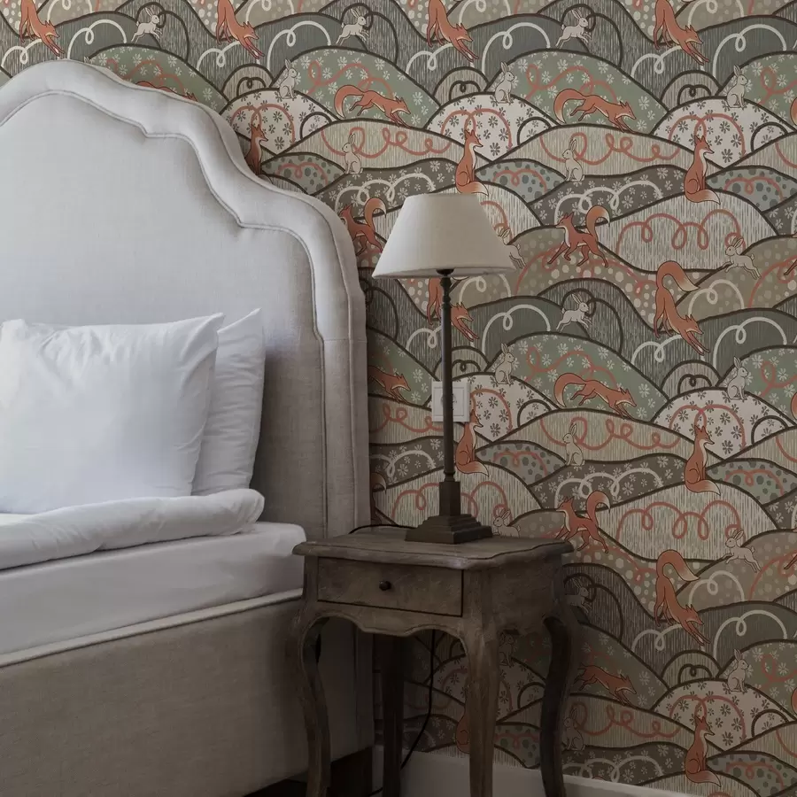 carta da parati Volpi e lepri su colline ondulate, motivo retrò nr. a00690