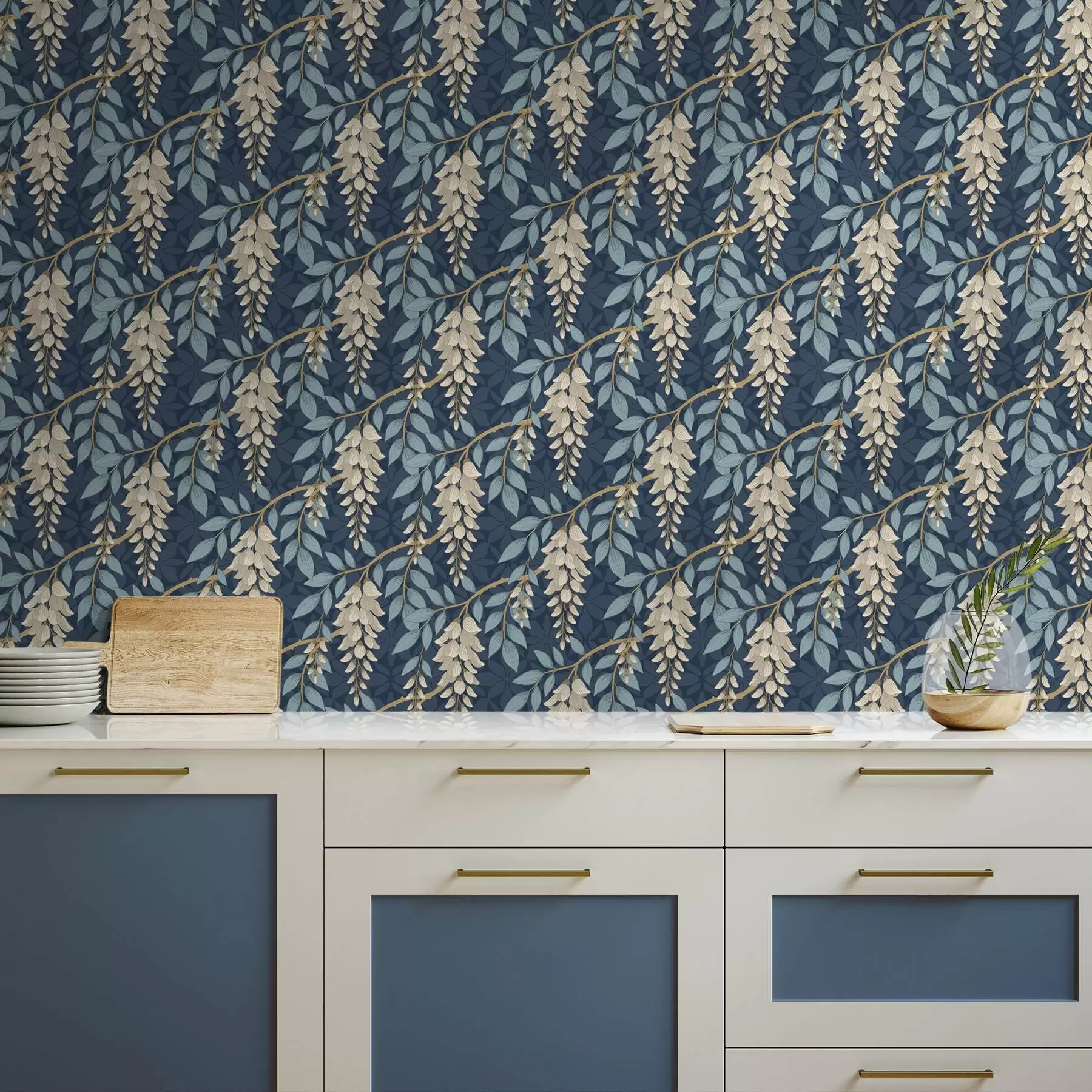 carta da parati Glicine con foglie blu su sfondo blu scuro nr. a00694v2