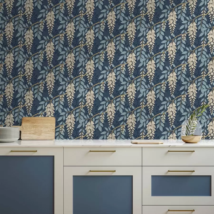 carta da parati Glicine con foglie blu su sfondo blu scuro nr. a00694v2