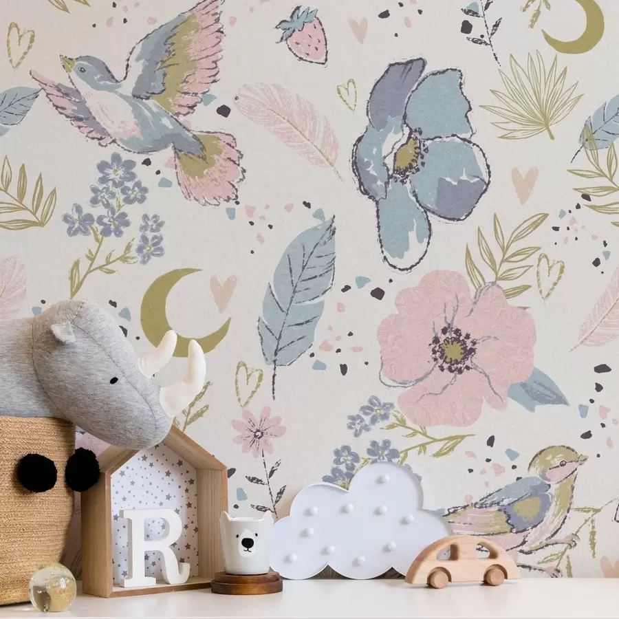 carta da parati Uccelli e fiori dai colori pastello con mezzelune su sfondo bianco nr. a00721