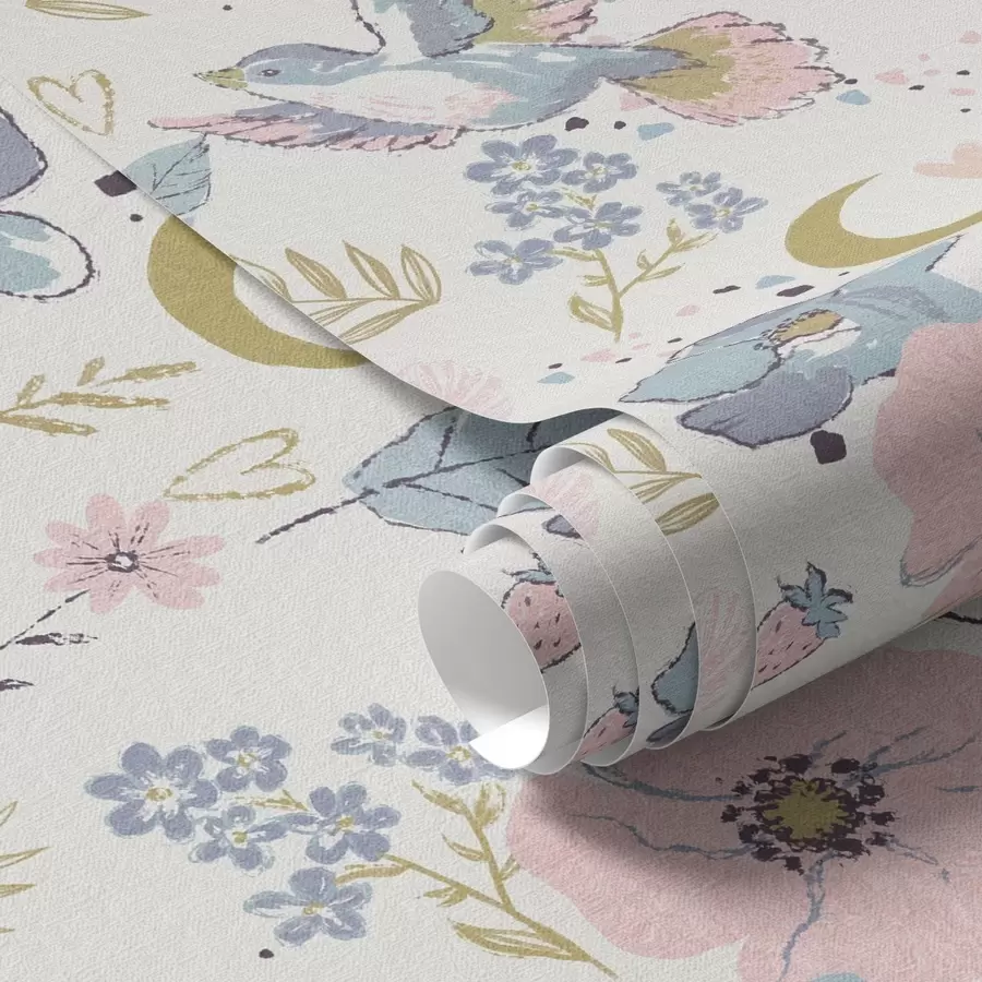 carta da parati Uccelli e fiori dai colori pastello con mezzelune su sfondo bianco nr. a00721