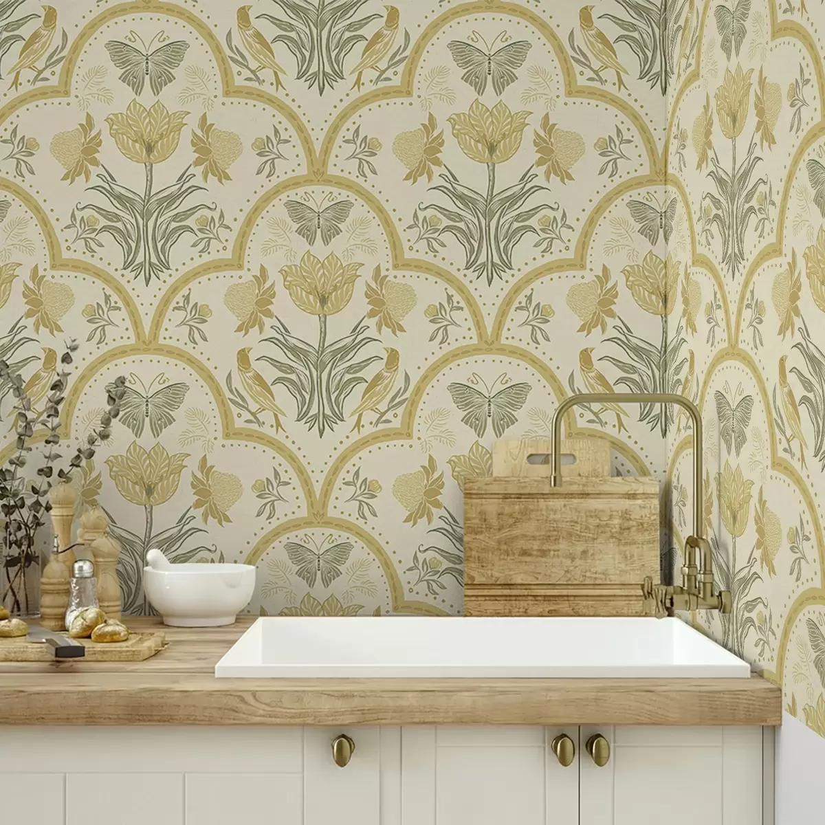 Carta da parati Ornamento con tulipano, uccelli e farfalle, ocra a00722