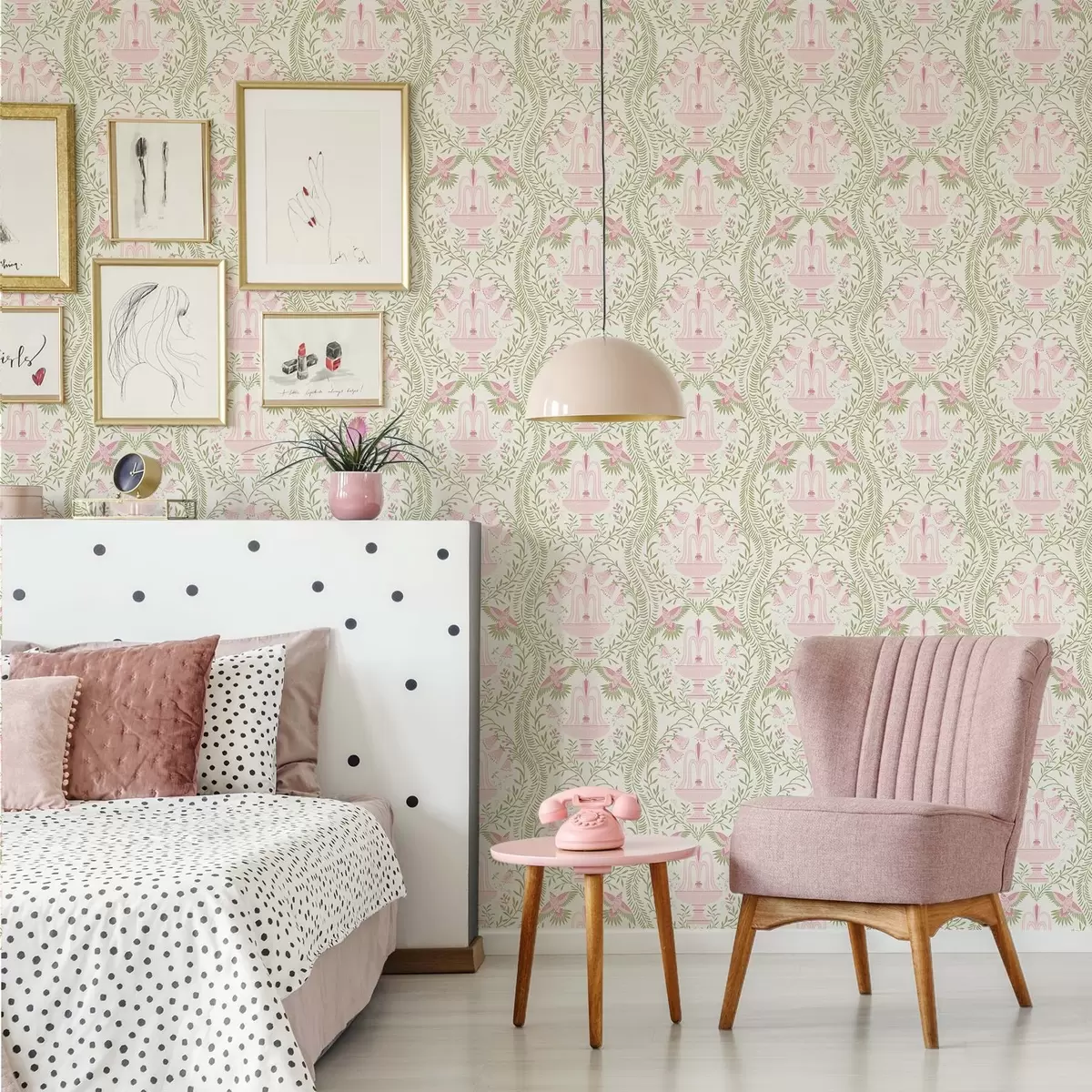 Carta da parati Fontane, colibrì e volute verdi su sfondo chiaro a00723