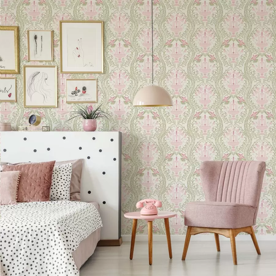 carta da parati Fontane, colibrì e volute verdi su sfondo chiaro nr. a00723