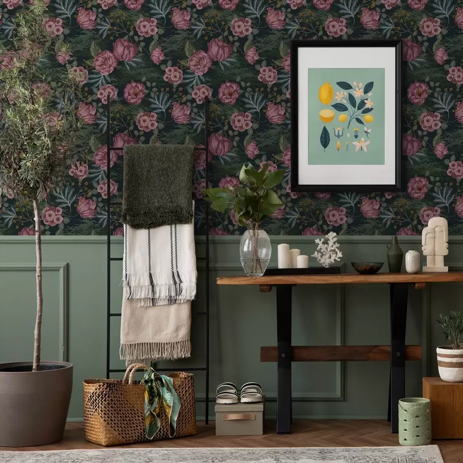 carta da parati Flora scura con fiori e foglie rosa, sfondo intenso nr. a00724