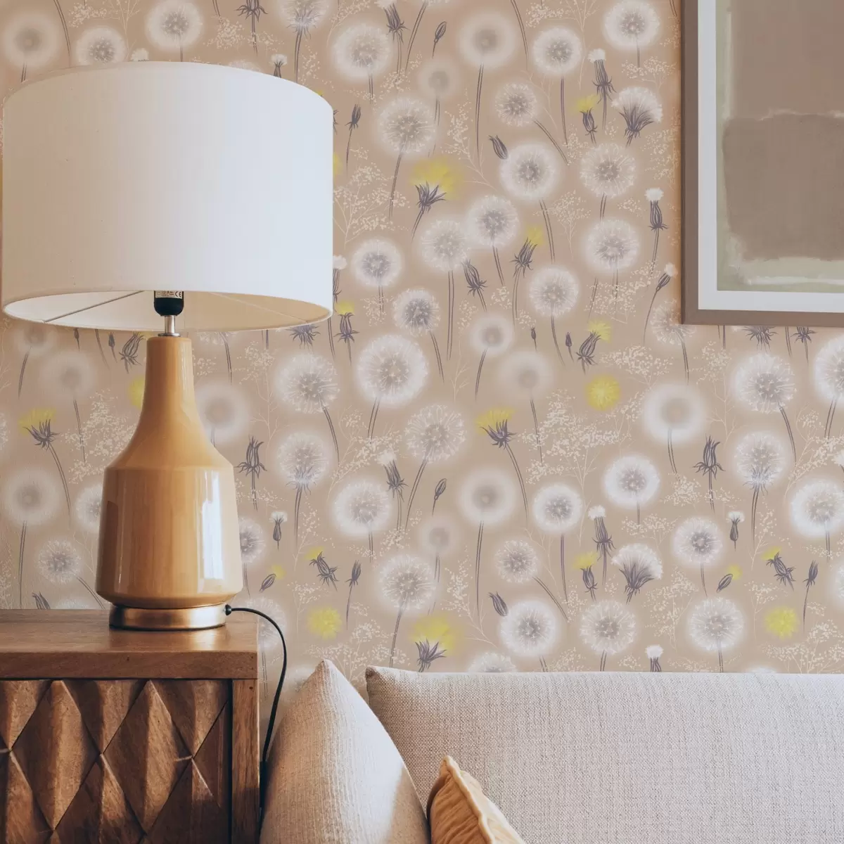 Carta da parati Denti di leone e semi su sfondo color pesca a00790v1