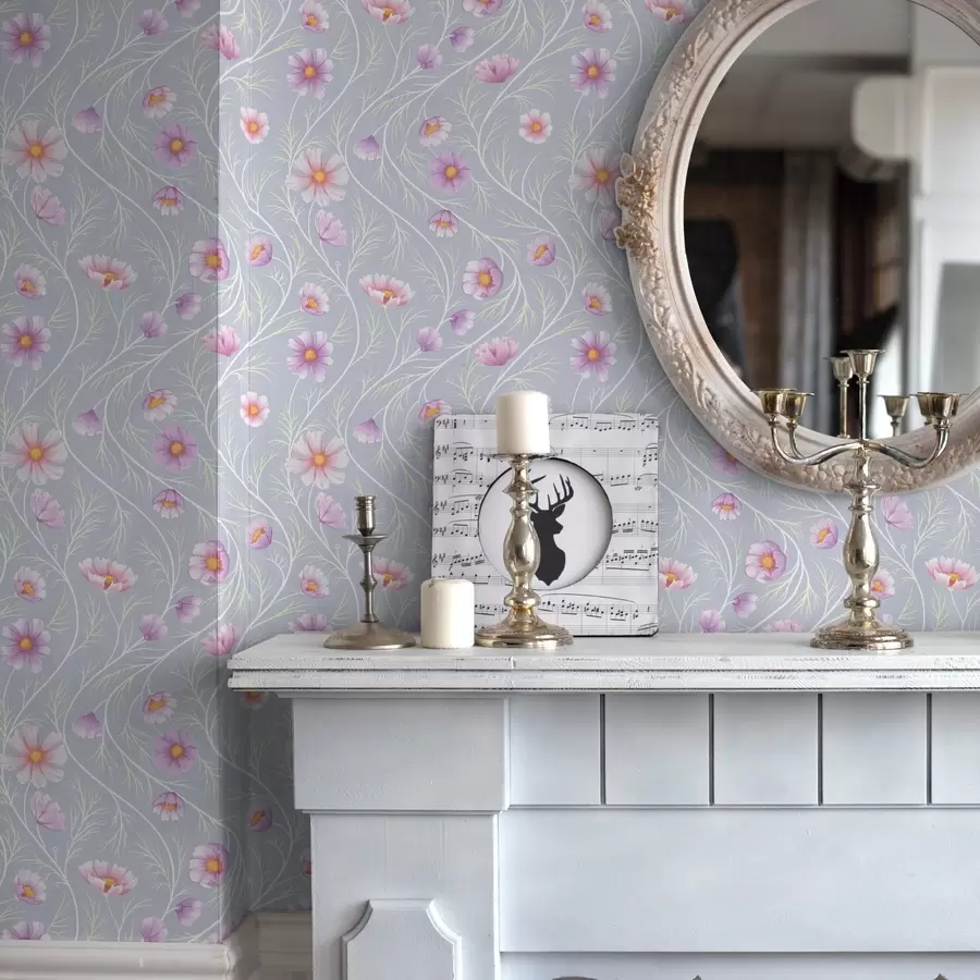 carta da parati Cosmos rosa e steli sottili su sfondo grigio nr. a00791