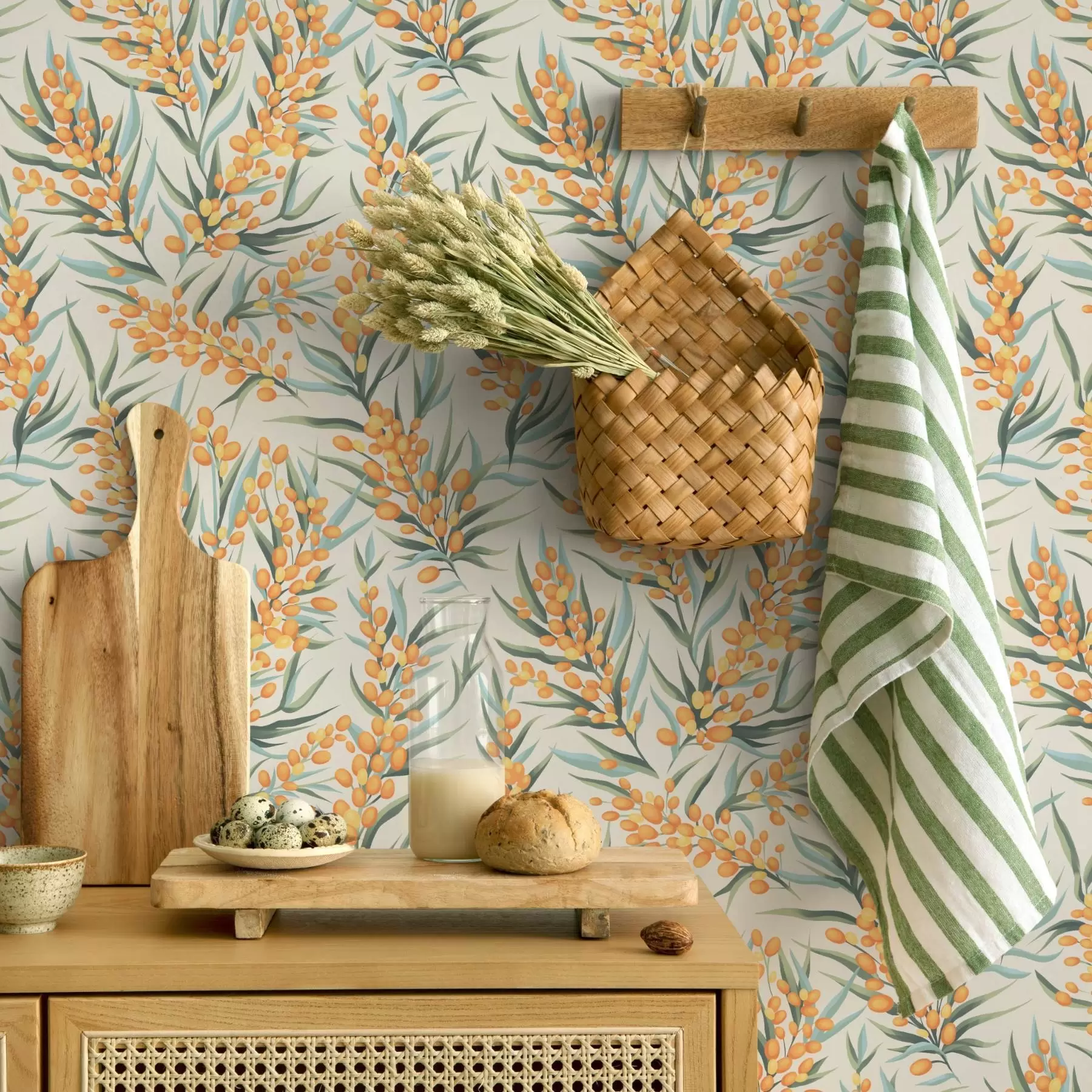 carta da parati Rami di olivello spinoso con bacche arancioni, sfondo chiaro nr. a00792