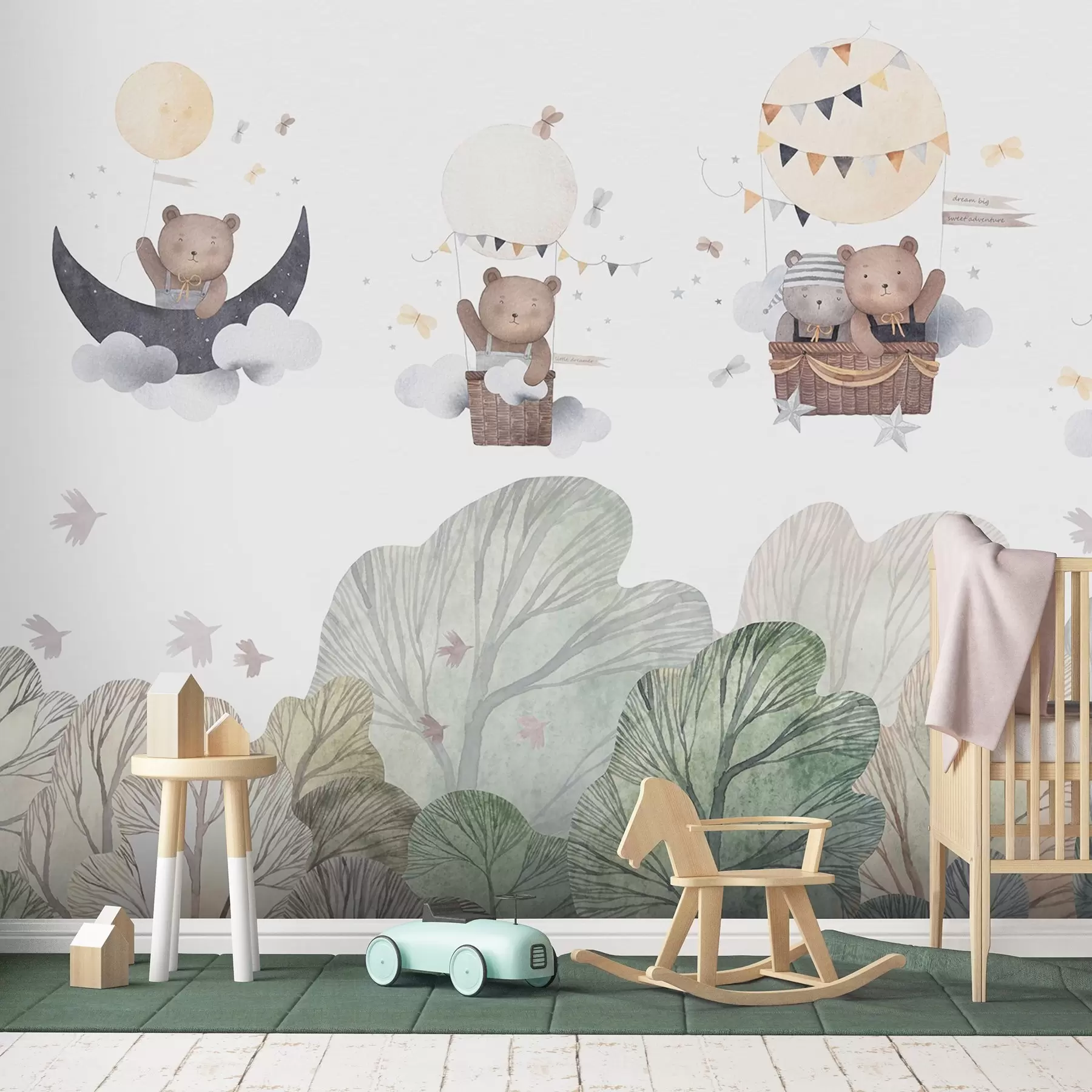 carta da parati Palloncini in stile acquerello con orsi sopra la foresta nr. w09437