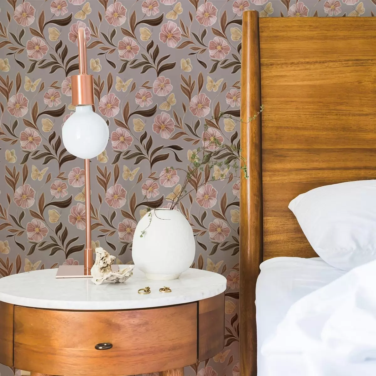 Carta da parati Fiori rosa e farfalle su sfondo grigio-beige a00633