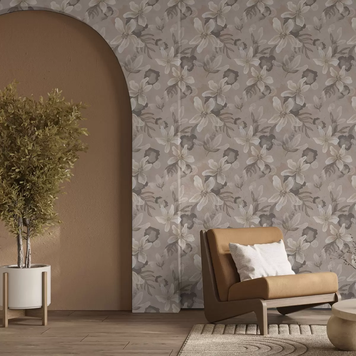 Carta da parati Grandi fiori beige con macchie astratte acquerellate a00635