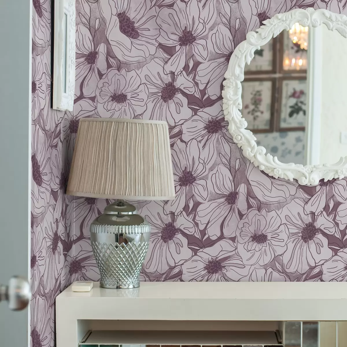 Carta da parati Fiori lineari in una fresca palette di colori rosa-lilla a00636v1