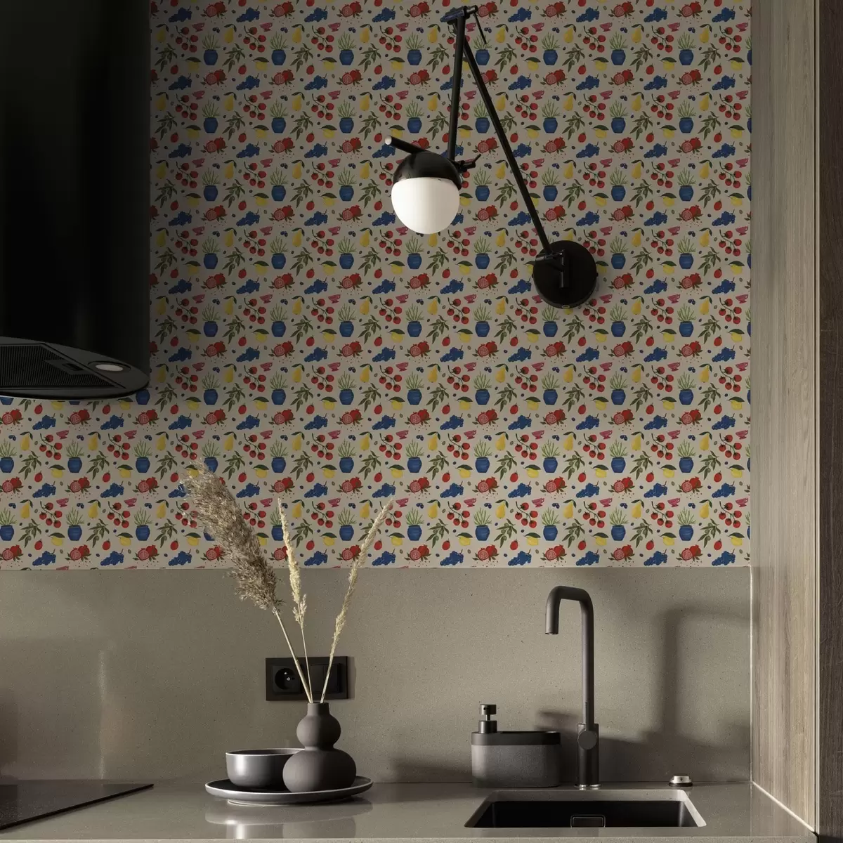 Carta da parati Motivo vivace con frutta, rami e vasi a00637