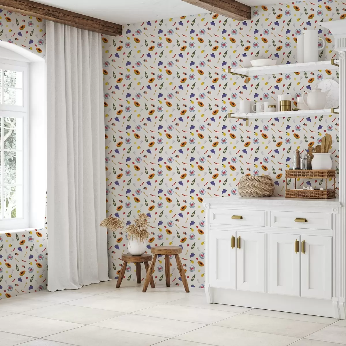 Carta da parati Frutta, vino e spezie disposti su uno sfondo chiaro a00639