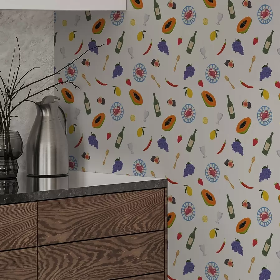 carta da parati Frutta, vino e spezie disposti su uno sfondo chiaro nr. a00639