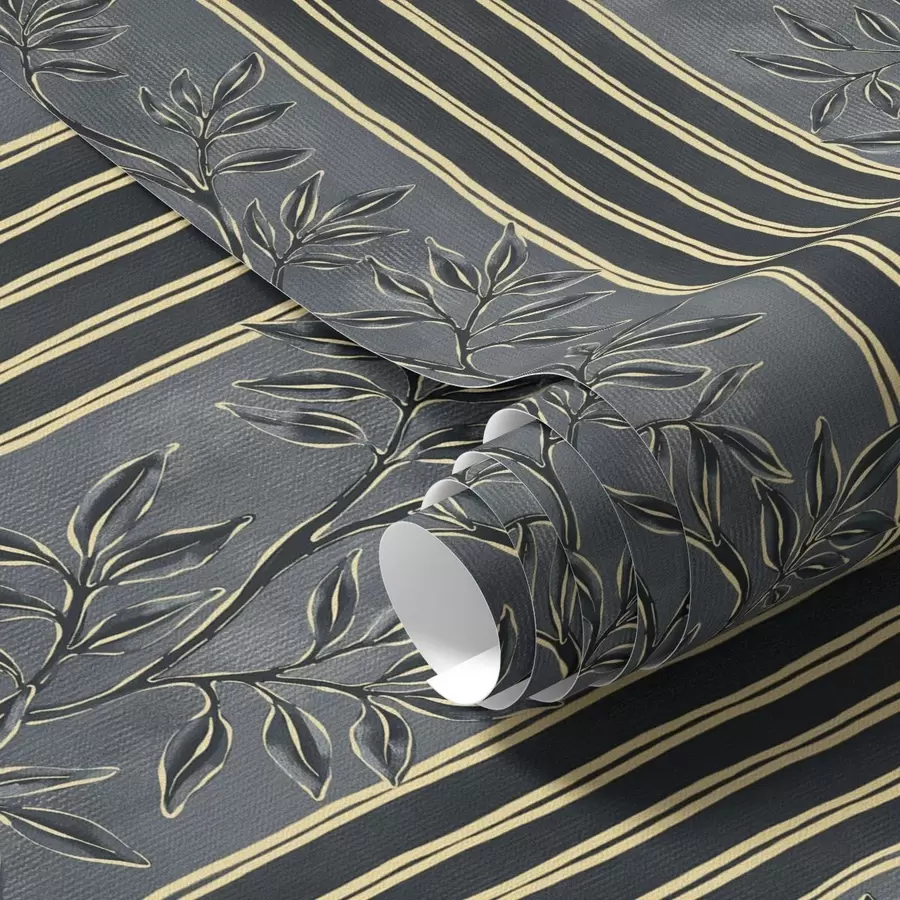 carta da parati Righe verticali con motivi botanici in tonalità scure nr. a00648