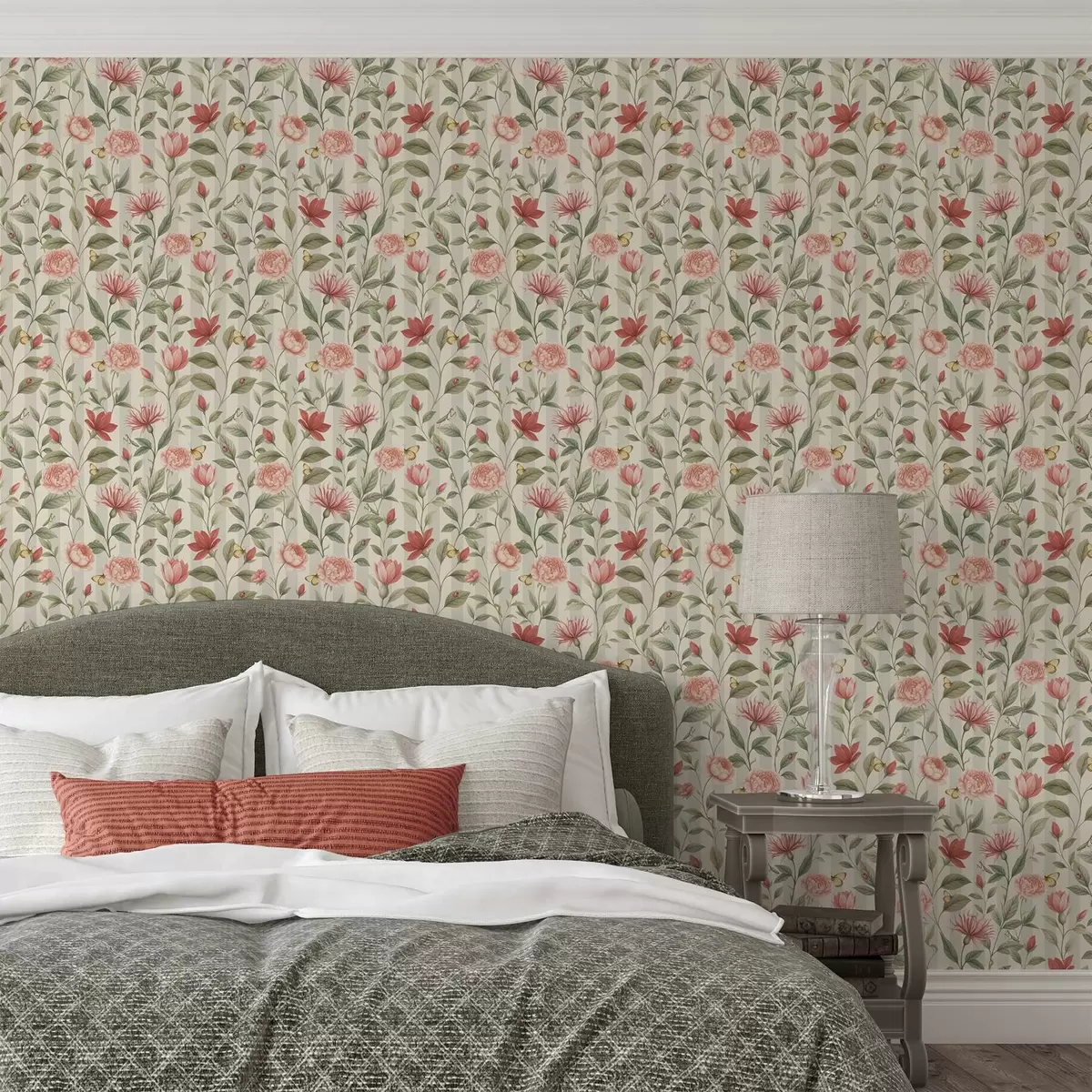 Carta da parati Steli floreali con farfalle su sfondo chiaro a00698