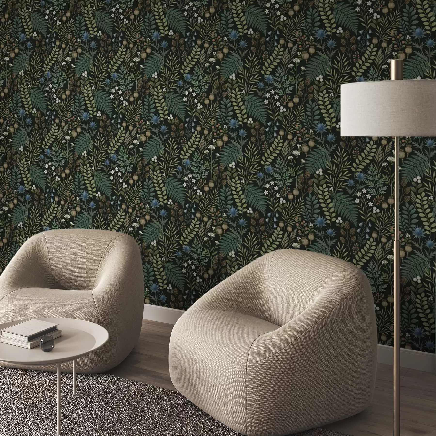 carta da parati Erbe di campo, bacche e semi su sfondo scuro nr. a00706