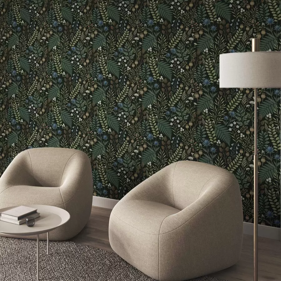 carta da parati Erbe di campo, bacche e semi su sfondo scuro nr. a00706