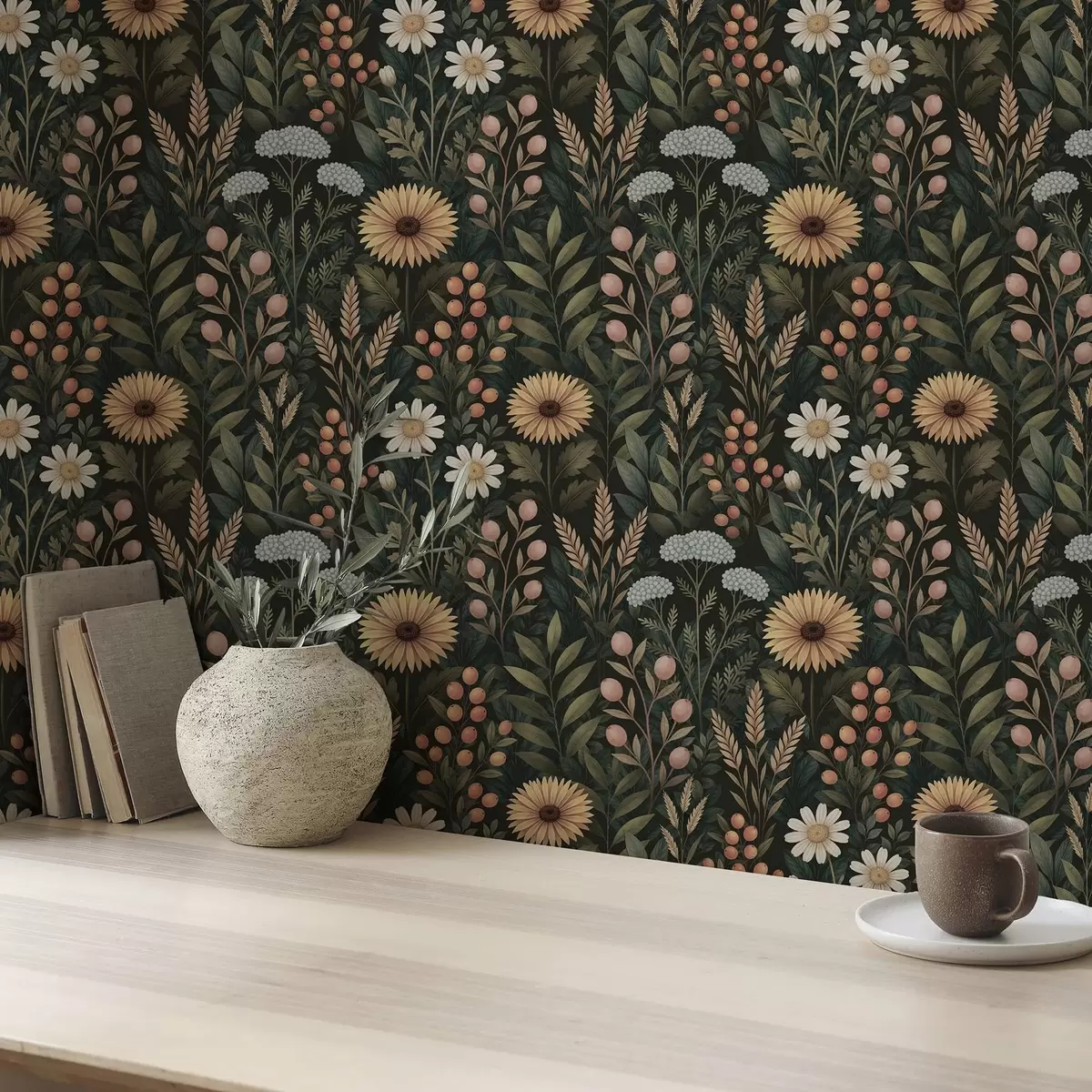 Carta da parati Fiori selvatici e bacche su sfondo scuro, ornamento naturale a00707