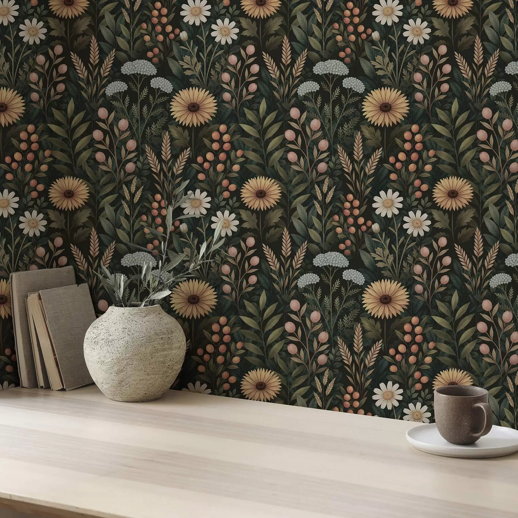 carta da parati Fiori selvatici e bacche su sfondo scuro, ornamento naturale nr. a00707