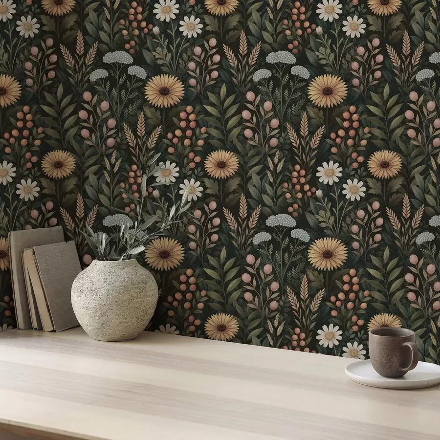 carta da parati Fiori selvatici e bacche su sfondo scuro, ornamento naturale nr. a00707