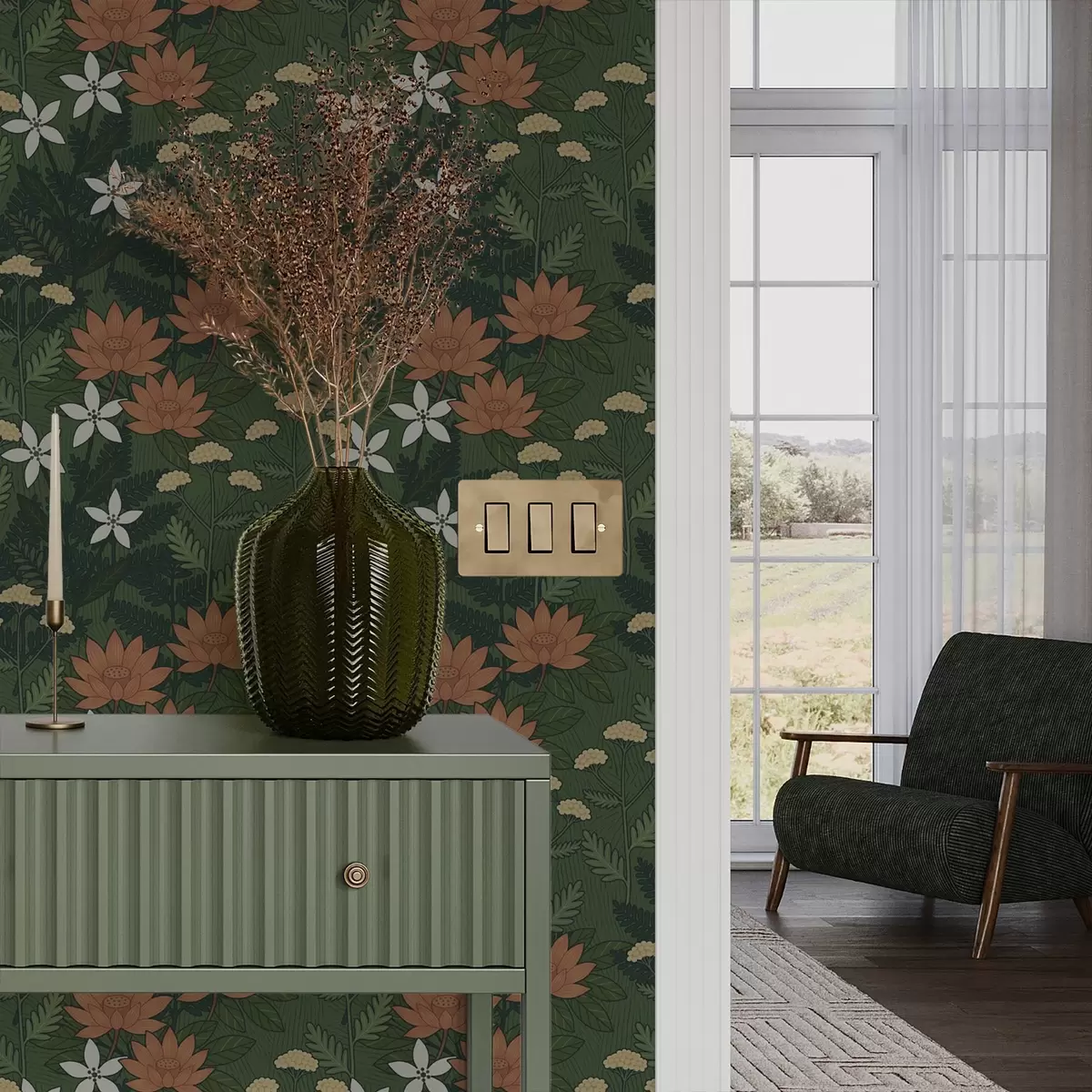 Carta da parati Grandi fiori tra fogliame verde, composizione decorativa a00708